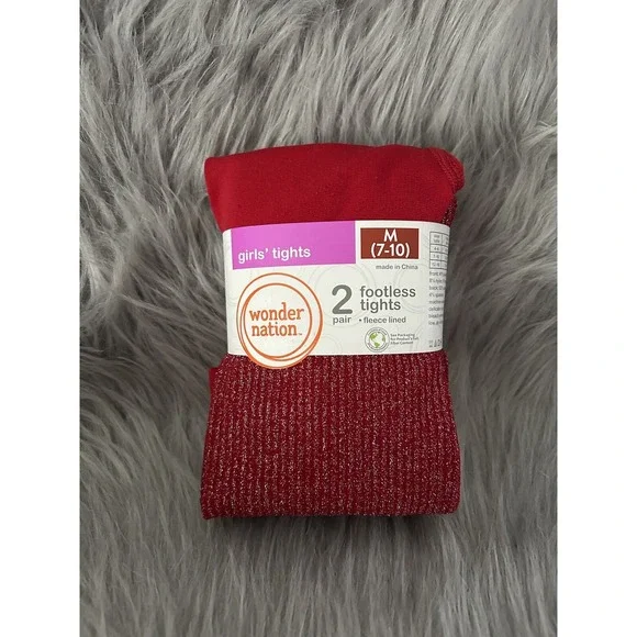 Wonder Nation Footless Fleece Lined Tights Girls Size Medium 2 Pack Red & White