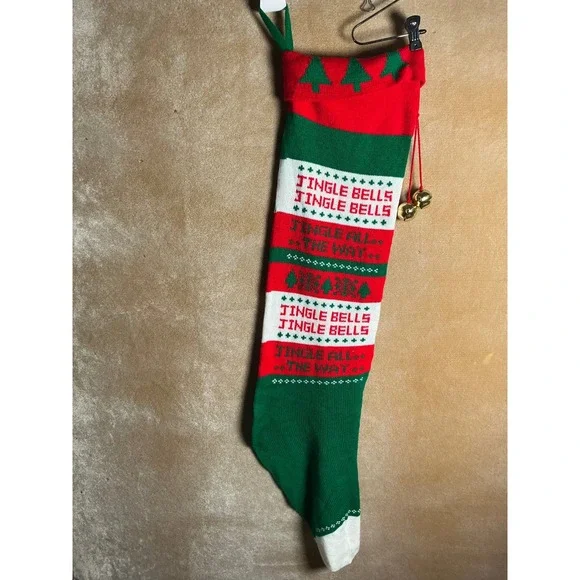 Christmas Stocking Jingle Bells Jingle All The‎ Way Red Green White Knit Bells