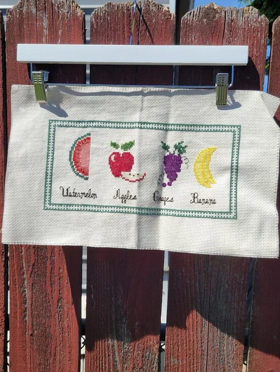 VTG Finished Cross Stitch Kitchen Decor Fruit Cottagecore Apple Banana 16.5x10