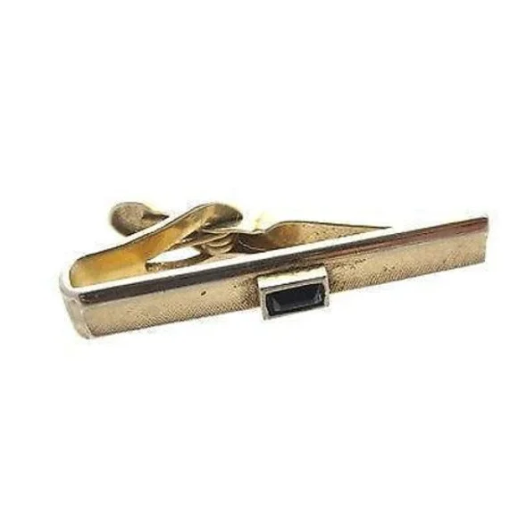 Vintage Gold Plated Signed Swank Black Rhinestone Accent Small Tie Clip Clasp‎