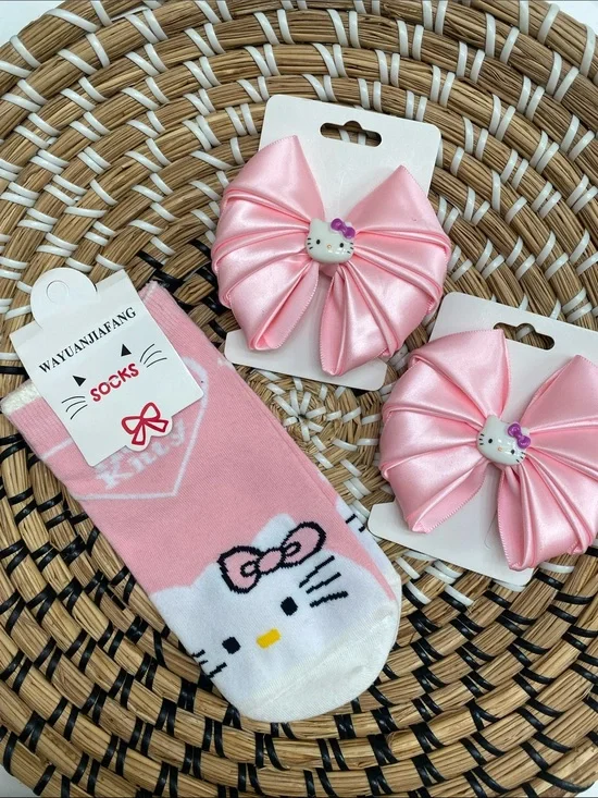 Pink Hello Kitty Kids Socks and Bow Hair Clips Bundle