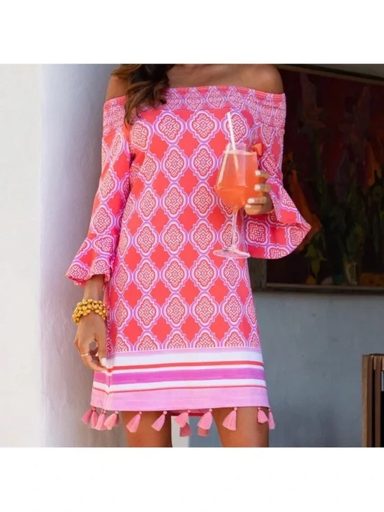 NWT Cabana Life Coral Geo Coverluxe Smocked Off-the-Shoulder Tassel Dress Small