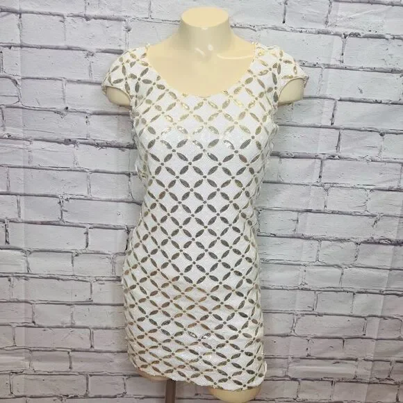 Dress The Population Women's White Lined Sequin Gabriela Mini Dress Size XS