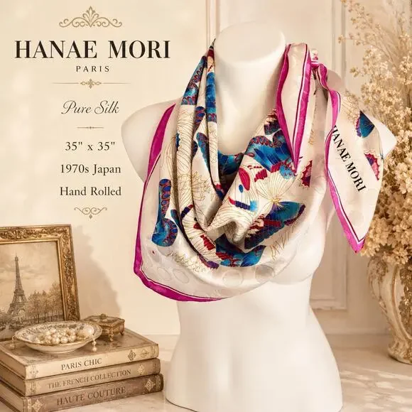 Hanae Mori Butterfly Silk Scarf 35x35 Signature Print 1970s Japan Hand Rolled
