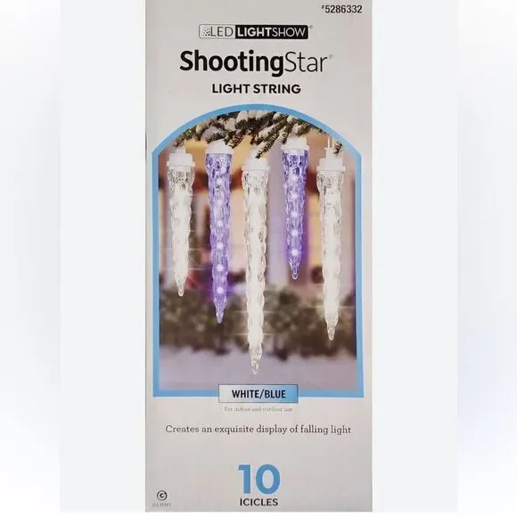 Gemmy Lightshow Shooting Star White/Blue LED Icicle Lights, 10 Icicles, New