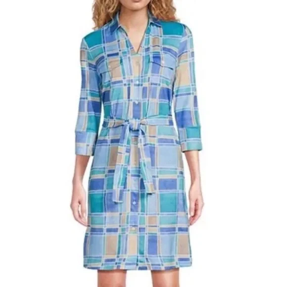 J. McLaughlin Brynn Tile Print Jersey Knit Collared V-Neck 3/4 Sleeve Dress NWT