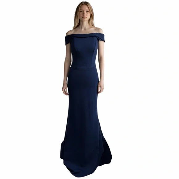 Sherri Hill Navy Off The Shoulder Gown With Mermaid Silhouette and Train Size 6