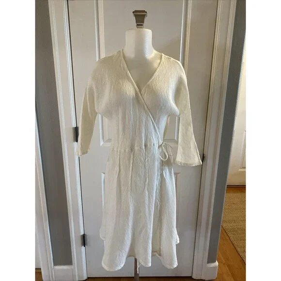 Home Frocks Linen Size M‎ Lagenlook Ivory Wrap Guaze Dress