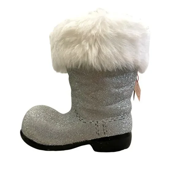 Bergdorf Goodman Ino Schaller Silver Beaded Christmas Santa Boot w/ Faux Fur NEW