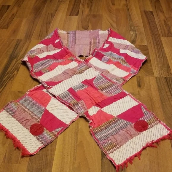 Wool & Alpaca Blend Woven Scarf Neon Pink Cream & Gray Abstract Print