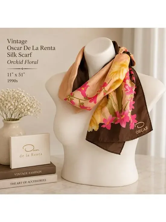 Vintage Oscar De La Renta Silk Scarf 11x51 Orchid Floral Pink Brown 1990s