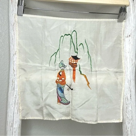 Vintage Japanese Embroidered Silk‎ Handkerchief Geisha Pagoda Willow Tree Art