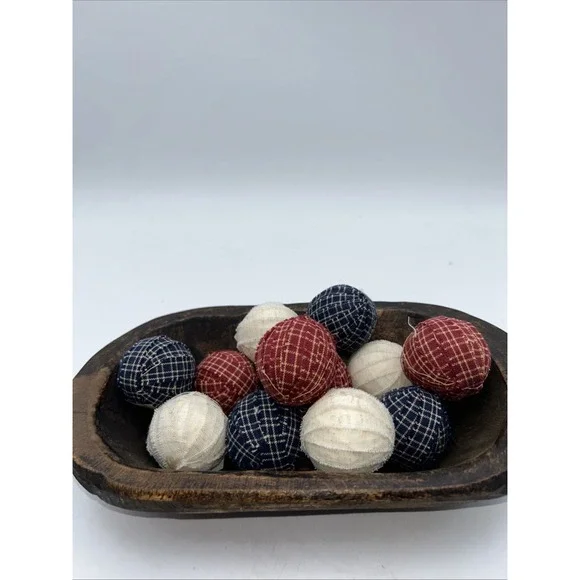 Primitive Americana Gingham Rag Balls Set of 12 Red White Blue Bowl Filler