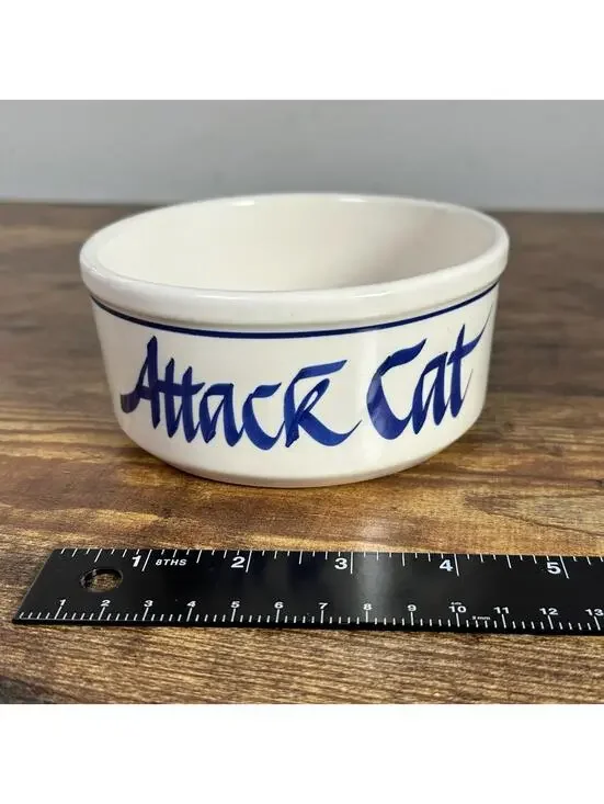 Vintage 90s Attack Cat Ceramic Pet Bowl White Blue Script Cat Lover Gift