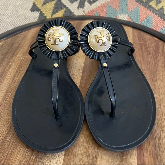 Tory Burch Melody Black Jelly Thong Pear Accent Sandals US7
