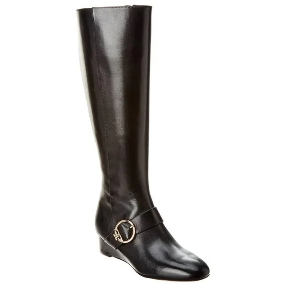 TORY BURCH Sophia Black Nappa Leather Tall Wedge Riding Boots