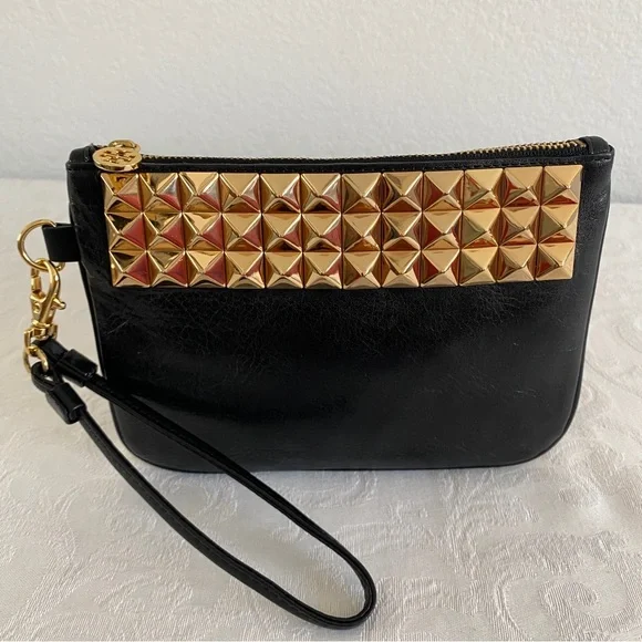 Tory Burch Black Wristlet with Gold Pyramid Studs