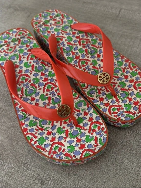 Tory Burch Wedge Flip Flop Sandals Orange Green Size 10