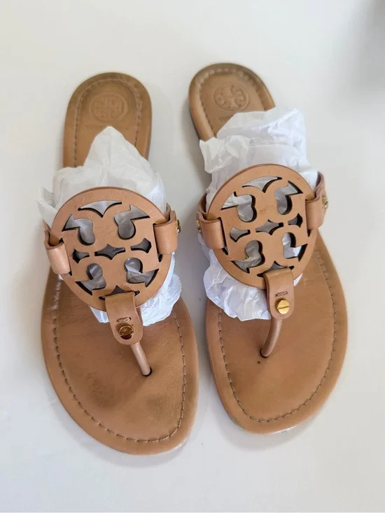Tory Burch Tan Leather Miller Logo Thong Sandals