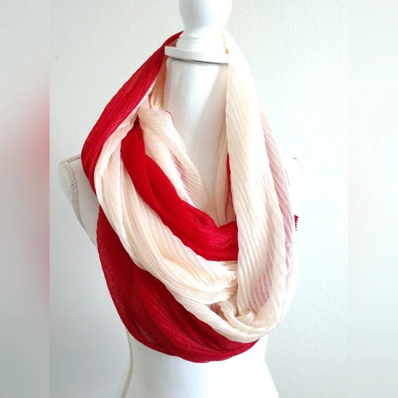 Wide Red White Colorblock Pleated Infinity Scarf Circle Loop Fashion Statement
