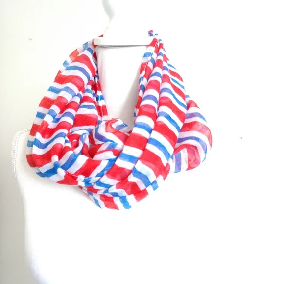 Red White Blue Striped Infinity Scarf Gauze
