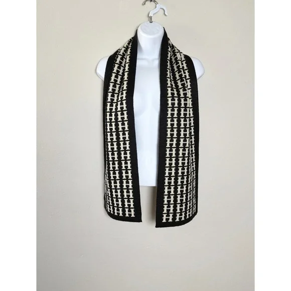 Hermes Scarf Shawl OS Black Cream Wool Blend Luxury Monogram Reversible Knit