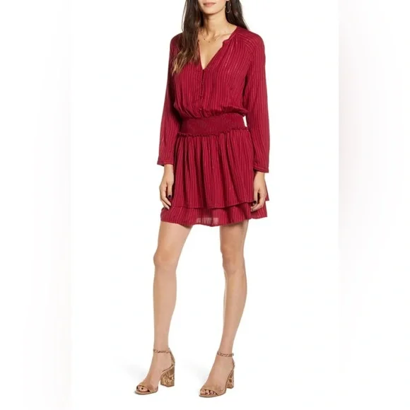 RAILS Jasmine Messina Stripe Metallic LS Smocked Waist Red Dress size XS