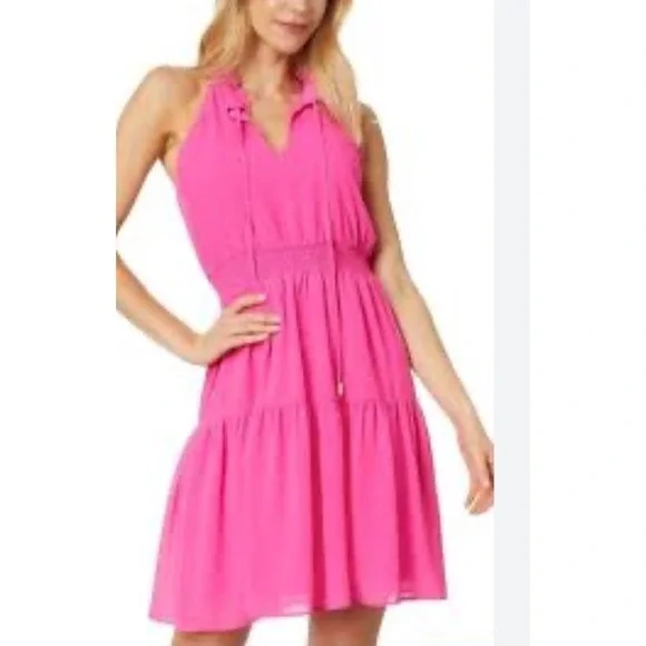 Vince Camuto NWT mini chiffon halter Dress sz 4pink tiered elastic waist Ruffled