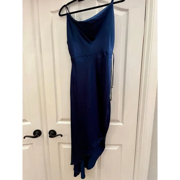 Fashion Nova Navy Blue Satin Cowl Neck Ruched Midi Dress NWT Size Large