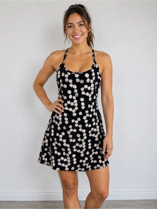 Outdoor Voices Black Daisy Print A-line Dress Size S