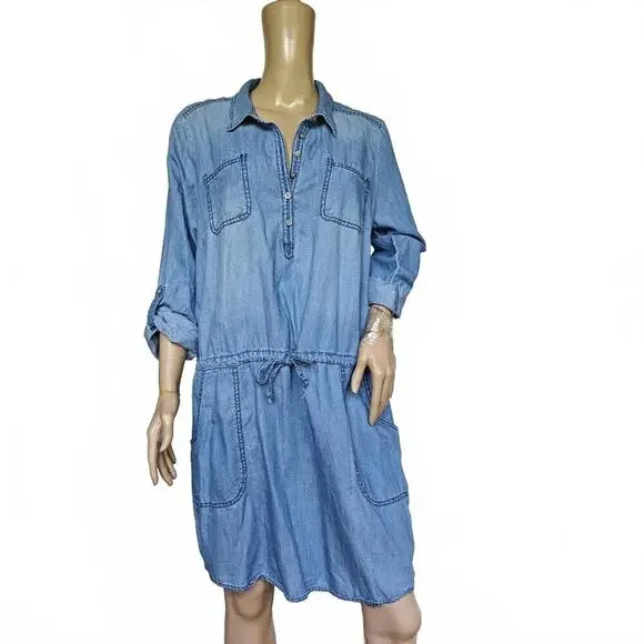 Sonoma Chambray Denim Shirt Dress Long Sleeve Pockets Adjustable Waist L