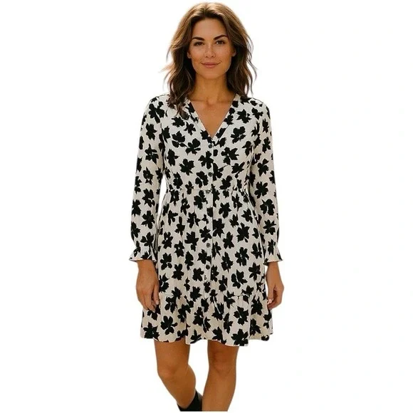 Homeyee Womens Black White Floral‎ Long Sleeve V-Neck Tie Waist Dress Size 6 M