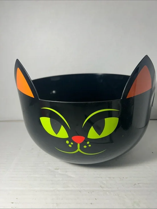 Black Cat Pet Bowl with Green Eyes and Orange Ears