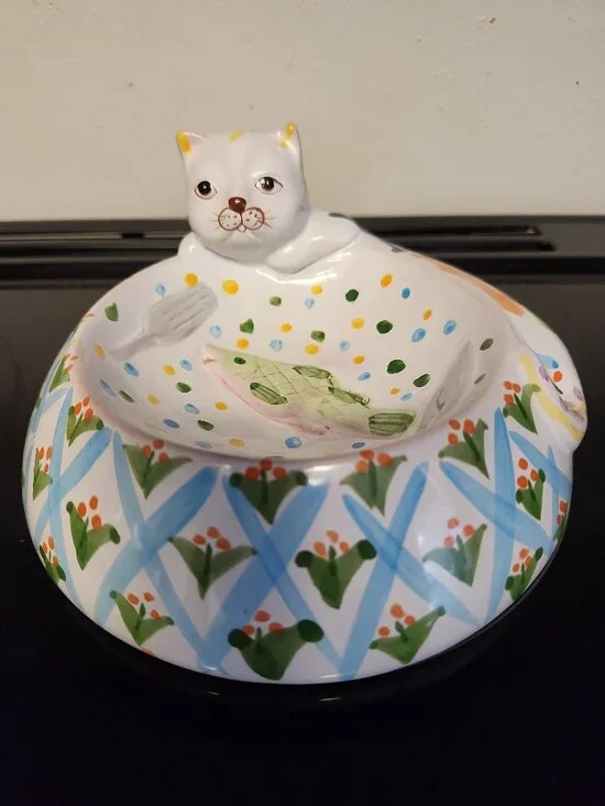 Vintage Hand Painted Cat Clay Pottery Cat Food Bowl 7