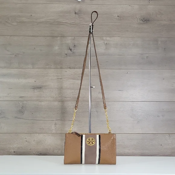Tory Burch Brown Leather Crossbody Bag with Striped Accent