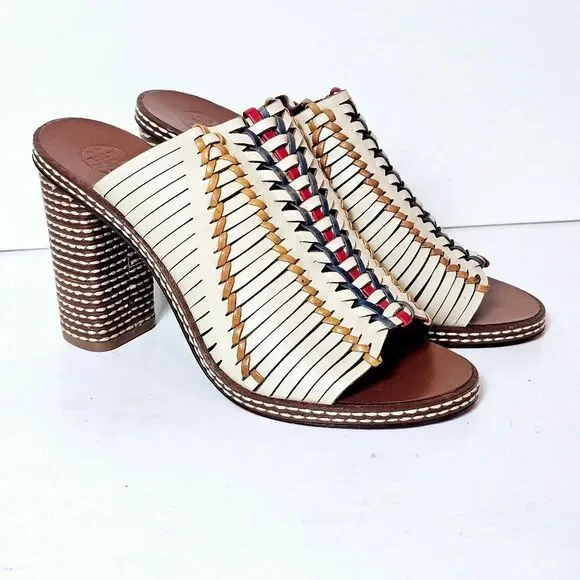 Tory Burch Pecha Woven Leather Stitched Block Heel Mules 8 LIKE NEW!