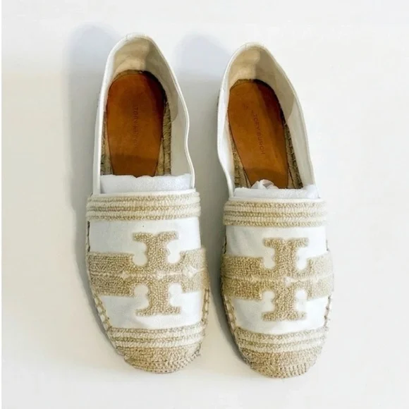 Tory Burch Ines Double T Canvas Espadrilles White Coastal Tan Flat Sz 10 Summer