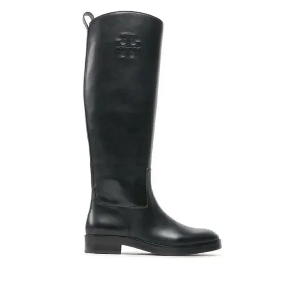 Tory Burch | Tory Burch Logo Embossed Riding Boots in Black | 6.5 M