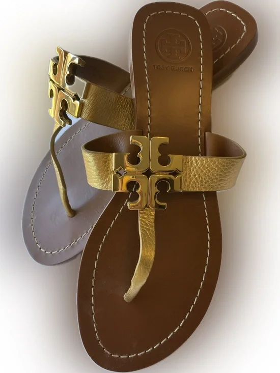 Tory Burch Gold Leather Logo Miller Thong Sandals