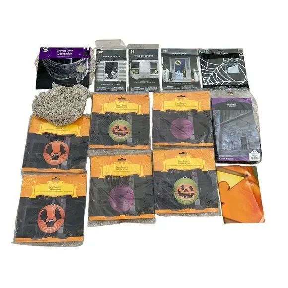 14 Pc Halloween Decorations Paper Lantern Tablecloth Door Window Cover Spooky