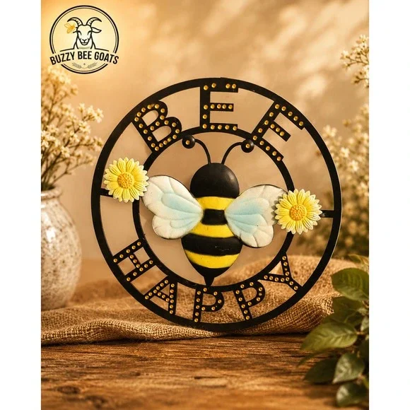 BEE HAPPY METAL WALL ART 3D BUMBLE BEE FLOWER FARMHOUSE DECOR SIGN