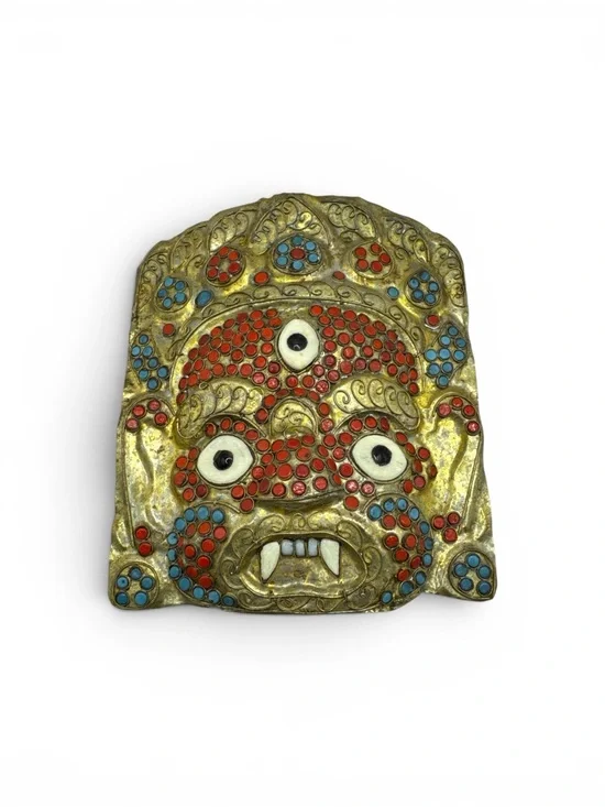 Antique Nepalese Tibetan Coral & Turquoise Brass Mahakala Hanging Mask 8.25”