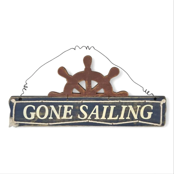 Rustic Blue Nautical Gone Sailing Wall Hanging Decor Ship Wheel