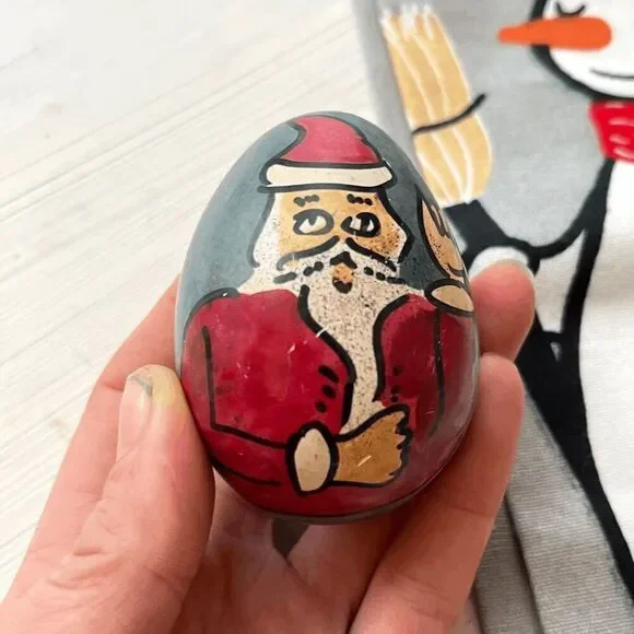 Hand-Painted Santa Stone Egg & Threshold Snowman Tea Towel Set