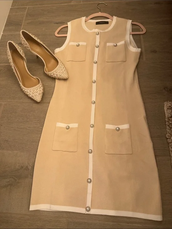 Zesica Beige Mini Knit Dress with White Trim
