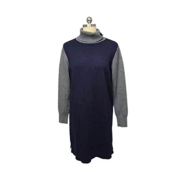 Boden Sweater‎ Dress Womens 12 Navy Gray Turtleneck Colorblock Wool Cashmere