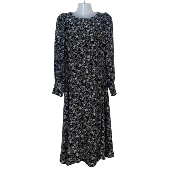 LOFT Women's Size 0 Black Floral Long Sleeve Classic Midi Dress Crew Neck Boho