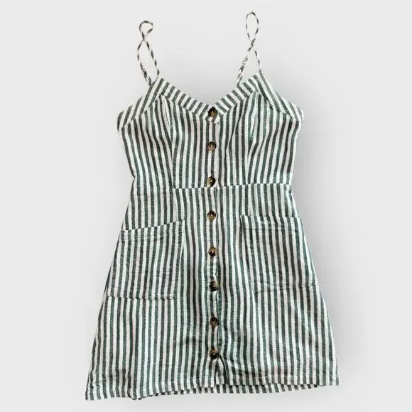 Lulus On The Pier Linen Blend Mini Dress Medium Green White Button Down Summer