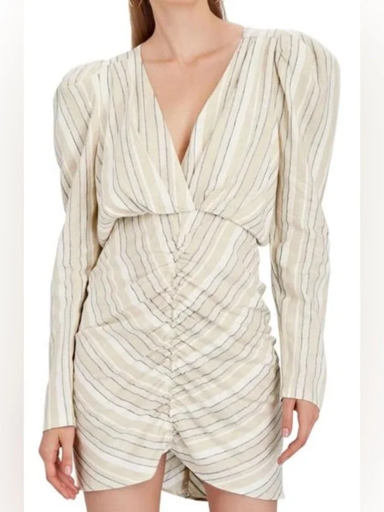 Ruched Nuetral Tone Striped Linen Mini Dress by Ronny Kobo: Size Small
