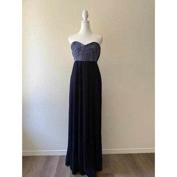 Sabine Strapless Maxi Dress Sz‎ XS Navy Pleated Skirt Sweetheart Formal Evening